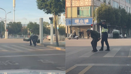 老人行动不便挑担子过马路，网友拍下暖心一幕，为交警点赞