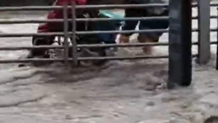 轮椅阿姨独自出行被困在积水中 两位热心女子光脚蹚水过去帮忙